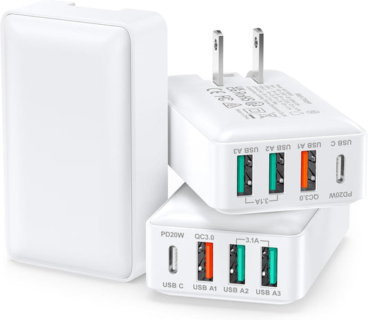 Flat USB Wall Charger, Excgood 40W 4Port USB and USB C Fast Charging Block PD+QC Foldable Wall Plug Power Adapter Multiports for iPhone 16 15 14 13 iPad Galaxy S24 A54 Android Watch Earbuds-3Pack