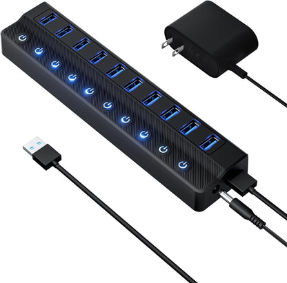 Powered USB Hub 3.0, 10-Port USB Splitter Hub with Individual On/Off Switches and 12V/2A Power Adapter USB Extension