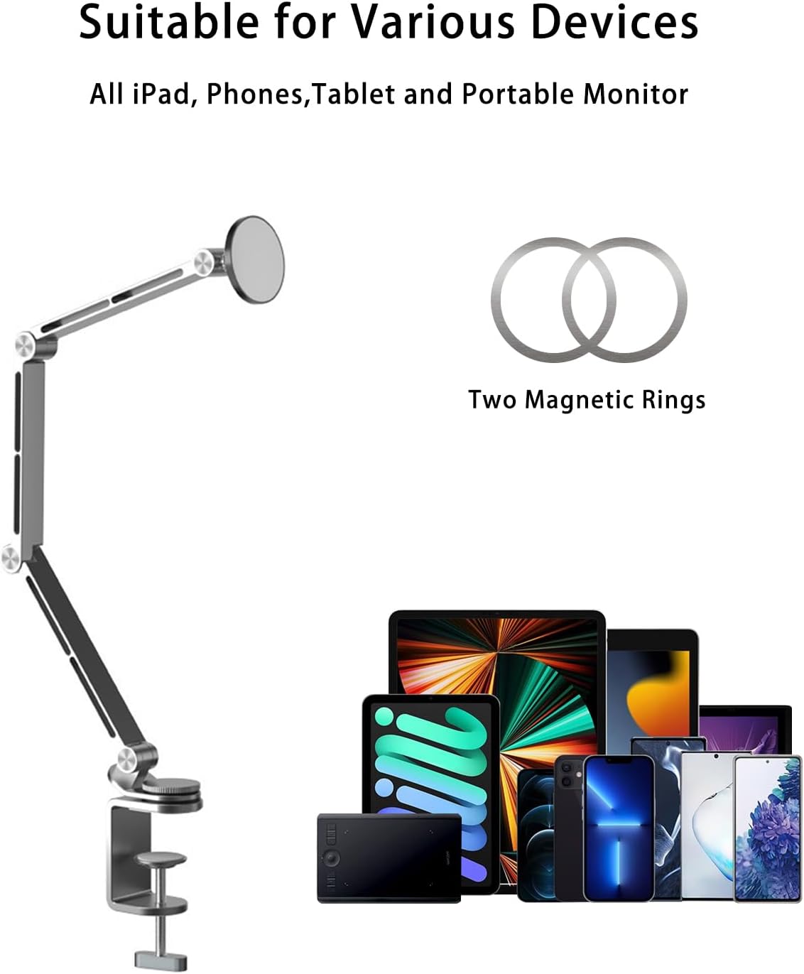 Magnetic Tablet Stand for Desk Aluminum Alloy Phone iPad Desk Holder Overhead Arm Mount with 360°Rotate Base for Magsafe/iPhone/Android/iPad (Magnetic Gray)