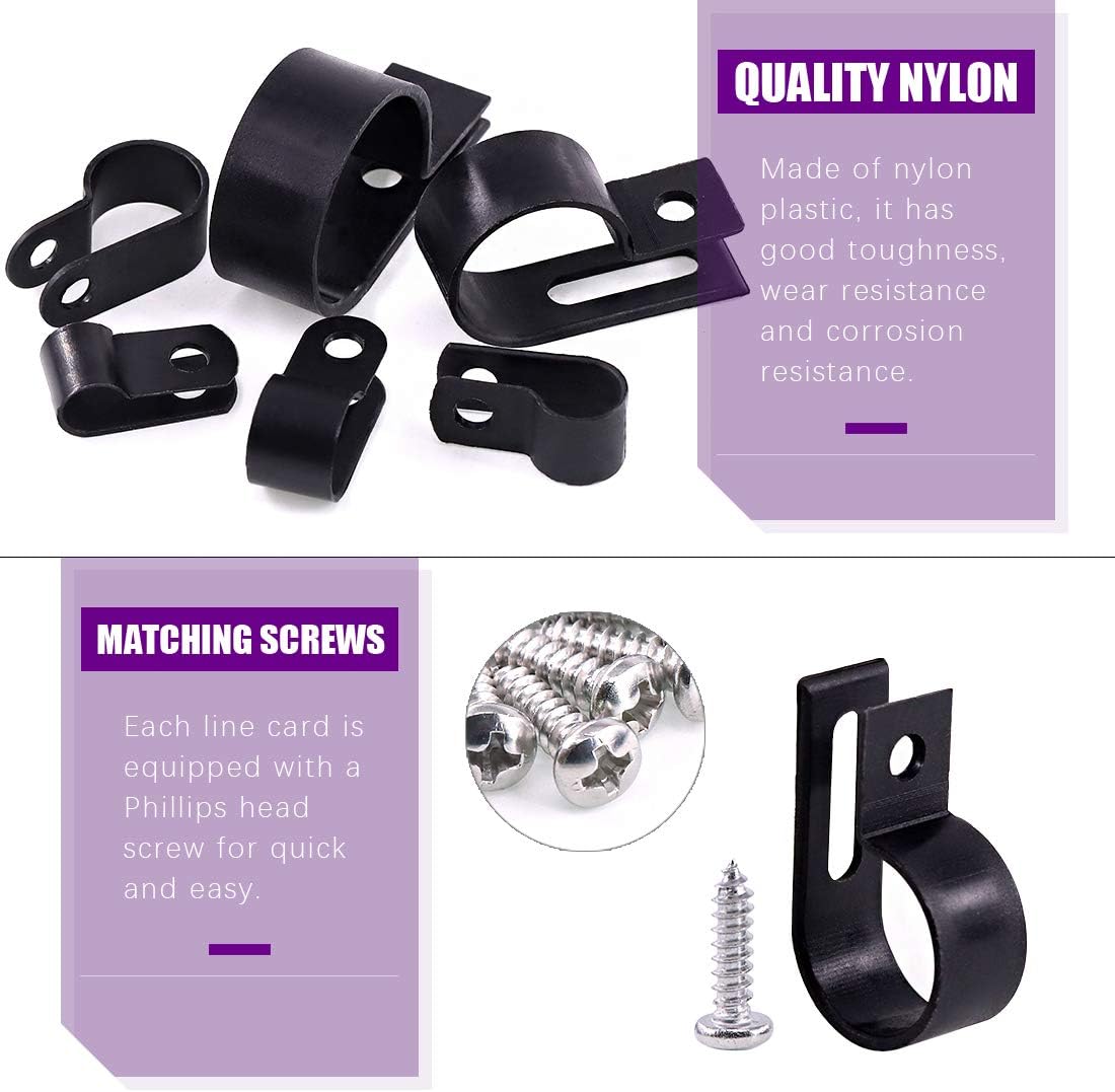 Swpeet 135 Pack 6 Sizes Black Nylon Plastic R-Type Cable Clips Clamp Assortment Kit, 1/4" 5/16" 3/8" 1/2" 3/4" 1" Nylon Screw Mounting Cord Fastener Clips with 135 Pack Screws for Wire Management