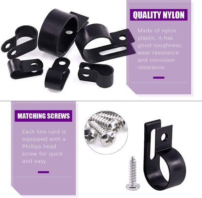 Swpeet 135 Pack 6 Sizes Black Nylon Plastic R-Type Cable Clips Clamp Assortment Kit, 1/4" 5/16" 3/8" 1/2" 3/4" 1" Nylon Screw Mounting Cord Fastener Clips with 135 Pack Screws for Wire Management