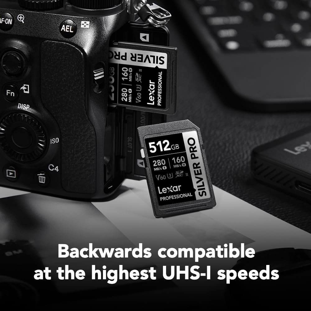 Lexar 512GB Professional SILVER PRO SD Card, UHS-II, C10, U3, V60, Full HD, 4K, Up To 280MB/s Read SDXC Memory Card, for Professional Photographer, Videographer, Enthusiast (LSDSIPR512G-BNNNU)