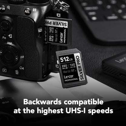 Lexar 512GB Professional SILVER PRO SD Card, UHS-II, C10, U3, V60, Full HD, 4K, Up To 280MB/s Read SDXC Memory Card, for Professional Photographer, Videographer, Enthusiast (LSDSIPR512G-BNNNU)