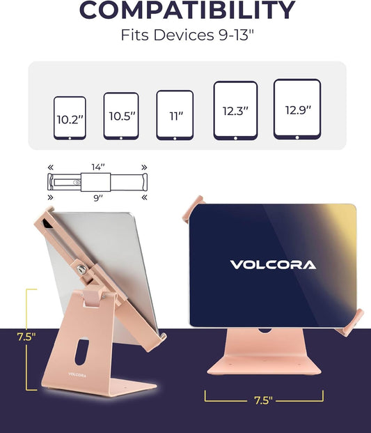 Volcora Anti-Theft Tablet Stand iPad Security Holder with Lock Pink 10-13 Inch Kiosk Stand Mount, Swivel, Adjustable for All iPad, Tablets, POS Register, Retail Business, Checkout, Cashier