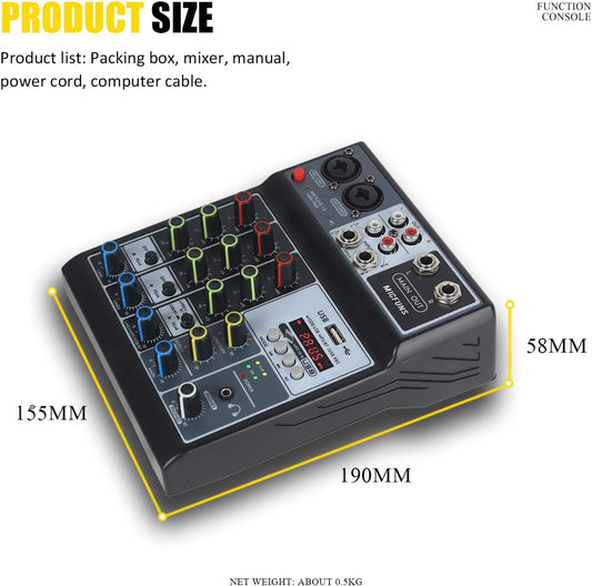 Mini audio audio mixers DJ mixer Sound Board Console System,4 Channel 48V Phantom Power with Bluetooth USB MP3 Stereo live DJ Studio Streaming for professional recording party KTV stage