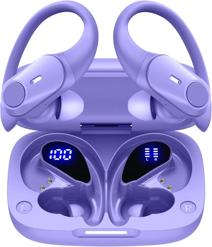GOLREX Active Noise Cancelling Ear Buds Wireless Earbuds Bluetooth Headphones with 80H Playtime LED Display Wireless Charging Case, Over-Ear Hooks Earbud for Sports Running Gym Workout Purple
