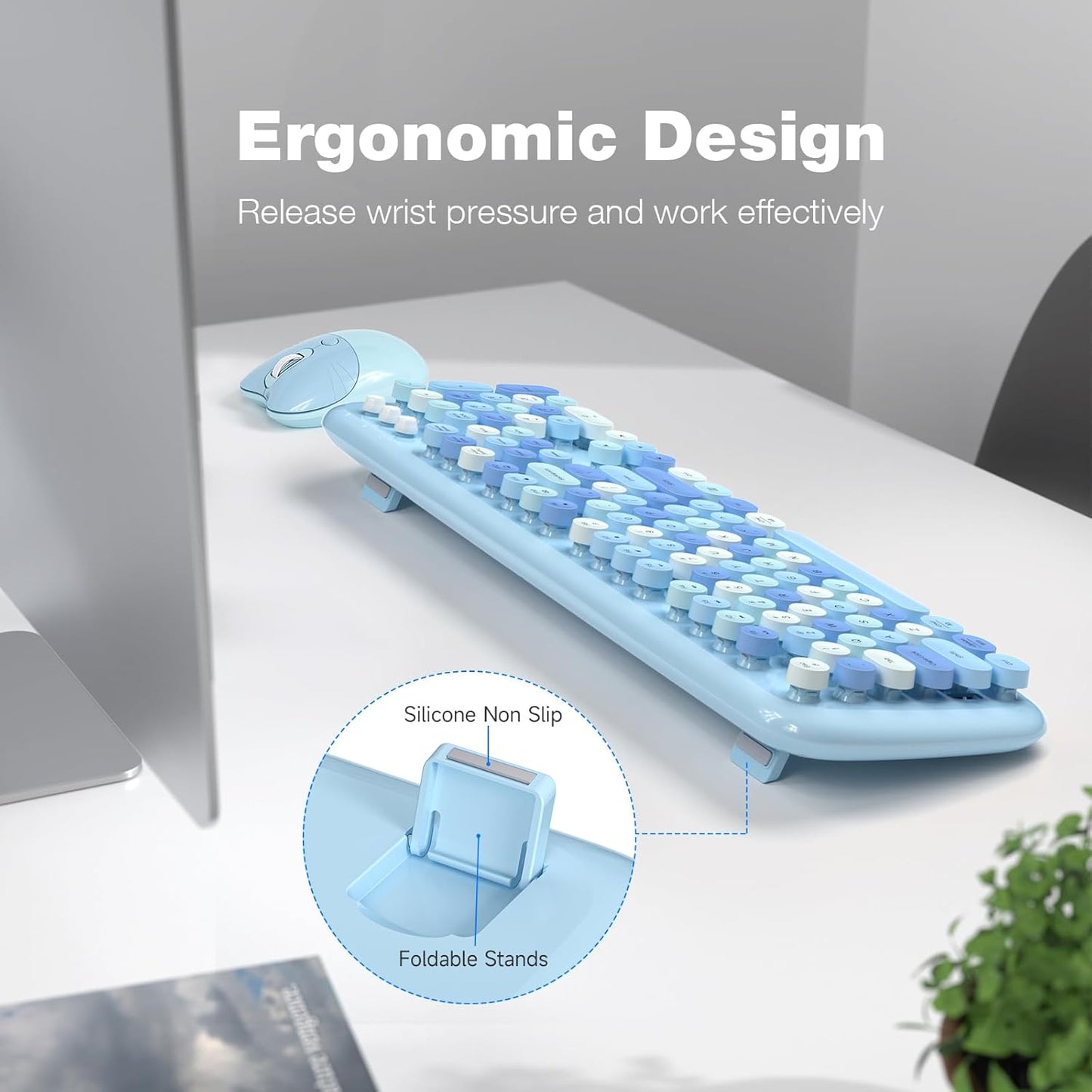 KNOWSQT Wireless Keyboard and Mouse Combo Pale Blue - Colorful 104 Key 2.4G Round Keycap Typewriter Keyboards, USB Dongle Plug and Play, for Laptop, Windows, PC, Computer, Desktop