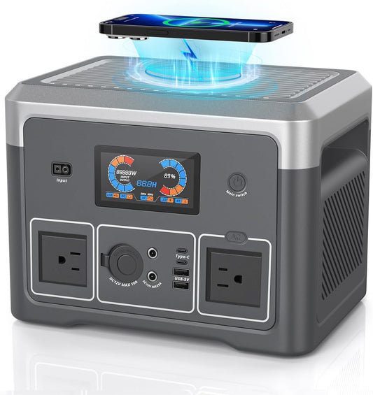 Portable Power Station 600W 665.6Wh LiFePO4 Battery Backup Solar Generator with 2x 600W AC Outlets(Surge 1800W),LED Lights,Music Player&UPS Function for Home,RV,Campinp