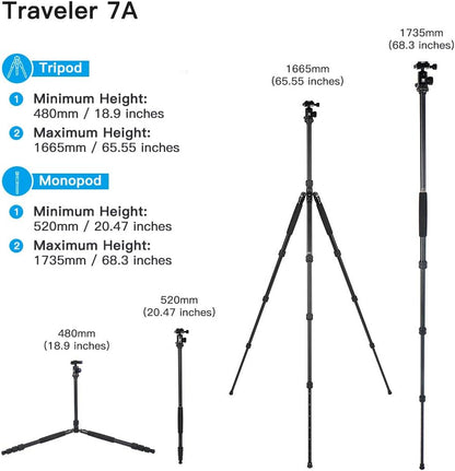 SIRUI Traveler 7A 65.55'' Aluminum Camera Tripod, E-10 Panorama Ball Head and Arca Swiss Quick Release Plate,Load Up to 17.6 lbs,Convertible to Monopod