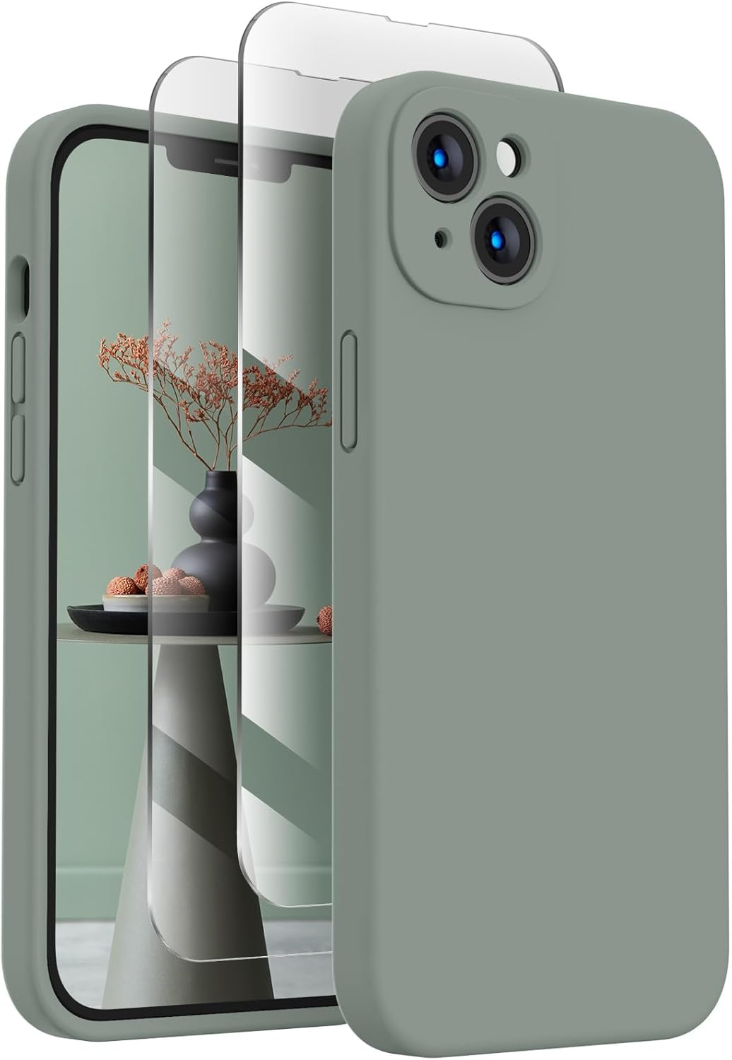 FireNova Designed for iPhone 14 Case, Silicone Upgraded [Camera Protection] Phone Case with [2 Screen Protectors], Soft Anti-Scratch Microfiber Lining Inside, 6.1 inch, Calke Green