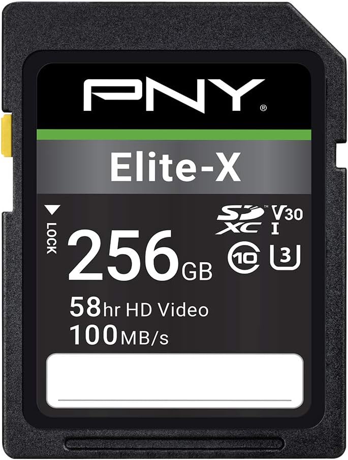 PNY 256GB Elite-X Class 10 U3 V30 SDXC Flash Memory Card - 100MB/s, Class 10, U3, V30, 4K UHD, Full HD, UHS-I, Full Size SD (Pack of 1)