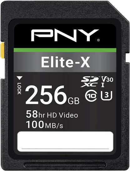 PNY 256GB Elite-X Class 10 U3 V30 SDXC Flash Memory Card - 100MB/s, Class 10, U3, V30, 4K UHD, Full HD, UHS-I, Full Size SD (Pack of 1)