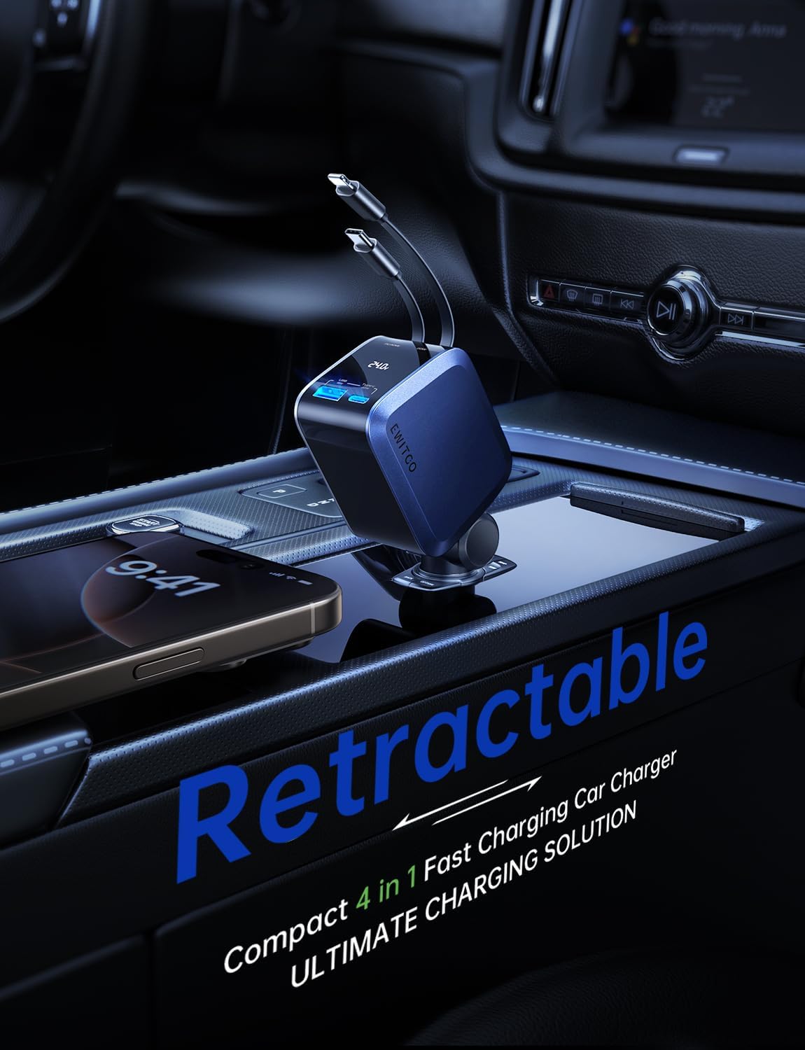 Retractable Car Charger, Car Accessories, 72W Fast Charging USB C Car Charger with 4FT Retractable Cables and 2 Ports, for iPhone 16 15 14 13 12, Samsung etc Dark Blue