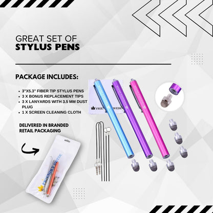 The Friendly Swede Mesh Tip Stylus Pen for Touchscreen — 3-Pack Micro-Knit Capacitive Stylus Pen for iPad & iPhone with 3 Replaceable Fiber Tips, Elastic Lanyards & Screen Cleaning Cloth