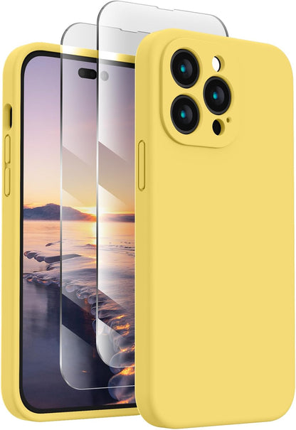 FireNova for iPhone 14 Pro Case, Silicone Upgraded [Camera Protection] Phone Case with [2 Screen Protectors], Soft Anti-Scratch Microfiber Lining Inside, 6.1 inch, Yellow