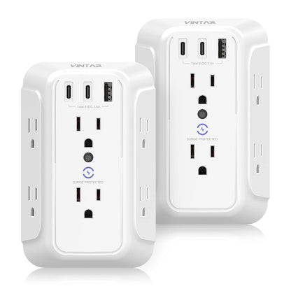 [2-Pack] Surge Protector Outlet Extender, VINTAR 6 Outlet Splitter with 3 USB Charging Ports (2 USB C),900J Multi Plug Outlet Power Strip, 3-Sided Usb Wall Charger for Home Office Dorm Room Essentials