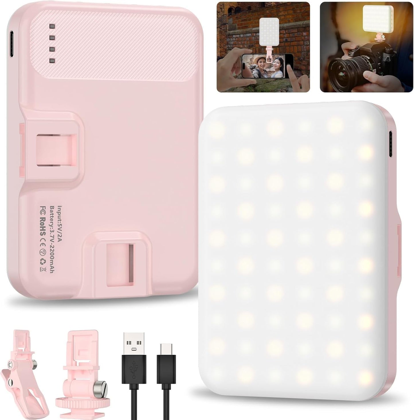 Hagibis LED Camera Light Video Lights Portable Photography Lighting 60 LED 2200mAh Rechargeable Selfie Light 7 Modes, 10-Level Brightness, Portable Clip on Light for Phone/Tablet/Laptop, Pink
