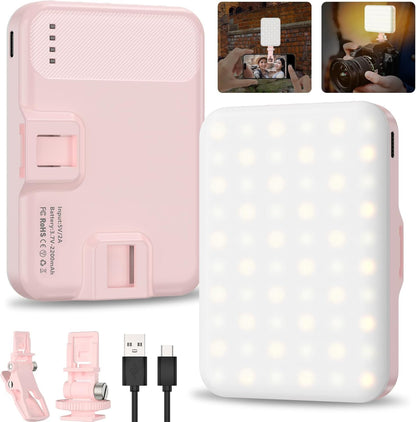 Hagibis LED Camera Light Video Lights Portable Photography Lighting 60 LED 2200mAh Rechargeable Selfie Light 7 Modes, 10-Level Brightness, Portable Clip on Light for Phone/Tablet/Laptop, Pink