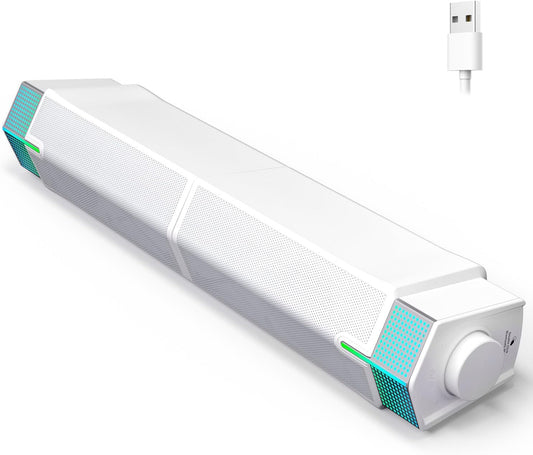 Jeecoo M20 Bluetooth Computer Speakers for PC Desktop Monitor, Gaming PC Sound Bar - Wired USB-Powered, Superb Stereo Sound, with LED Lighting (White)