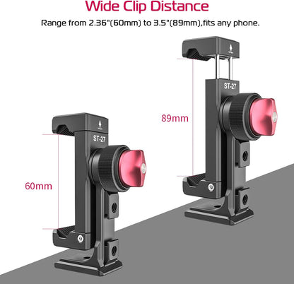 Metal Phone Tripod Mount 3 Cold Shoes & Arca Port, 360° Smartphone Tripod Adapter for iPhone 17 16 15 Cell Phone Stand Holder for Desktop Video Live Streaming Vlogging Rig