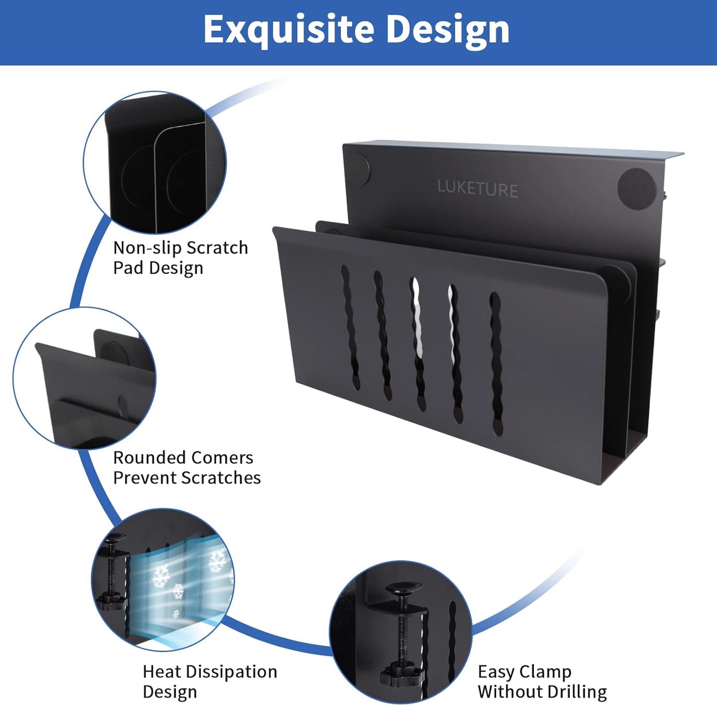 LUKETURE Laptop Holder, Steel Desk Side Storage, No Drill Standing Desk Accessories, Clamp on Laptop Mount with Pen Holder, Fits Flat Edge Tables 0.3" to 2.8" (Black, L(2 Tier))