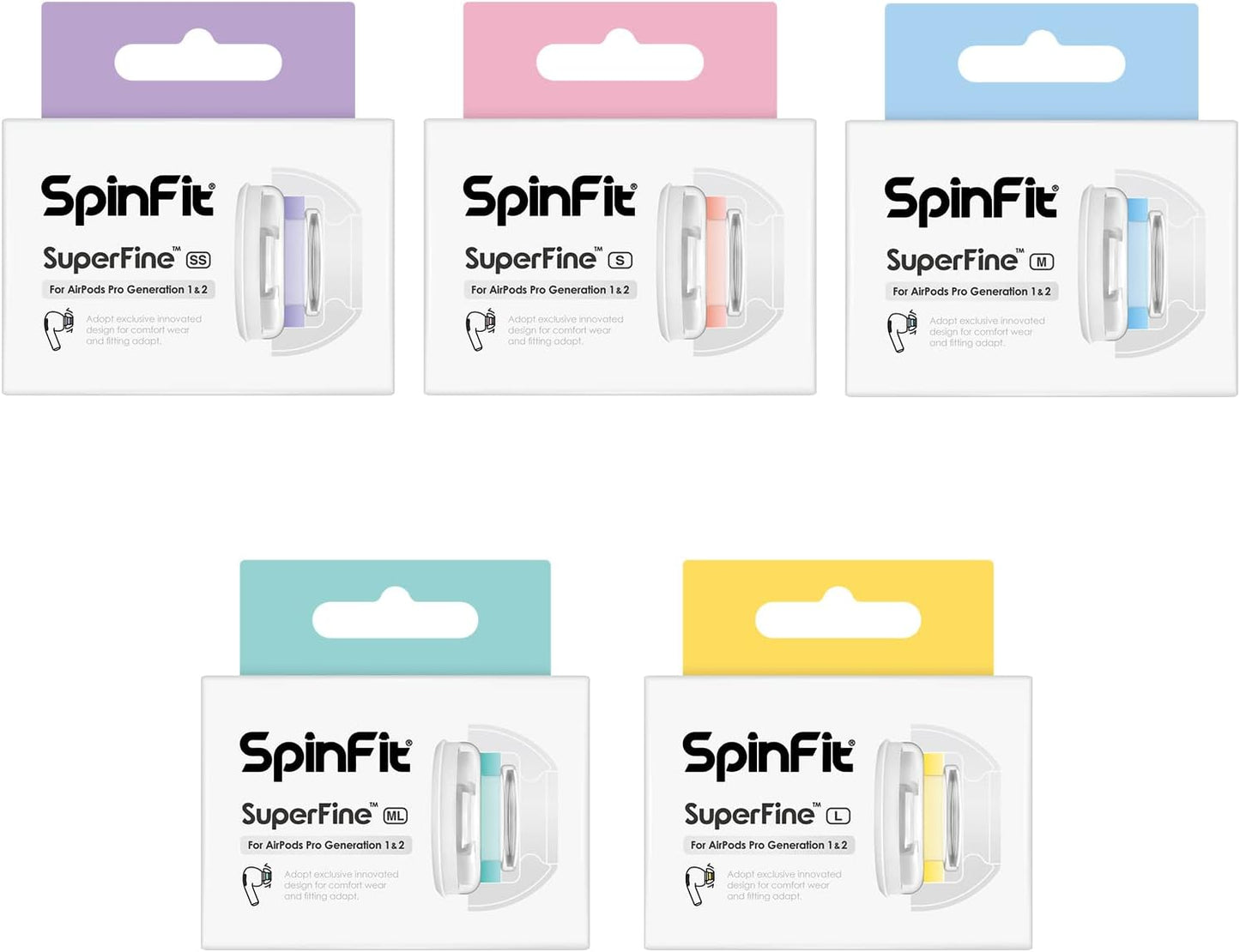SpinFit Superfine for AirPods Pro Gen 1 & 2 - M - Medical Grade Silicone Patented Replacement Ear Tips and Adapters for Supreme Comfort (one Pair)(Ear Tips Installed)