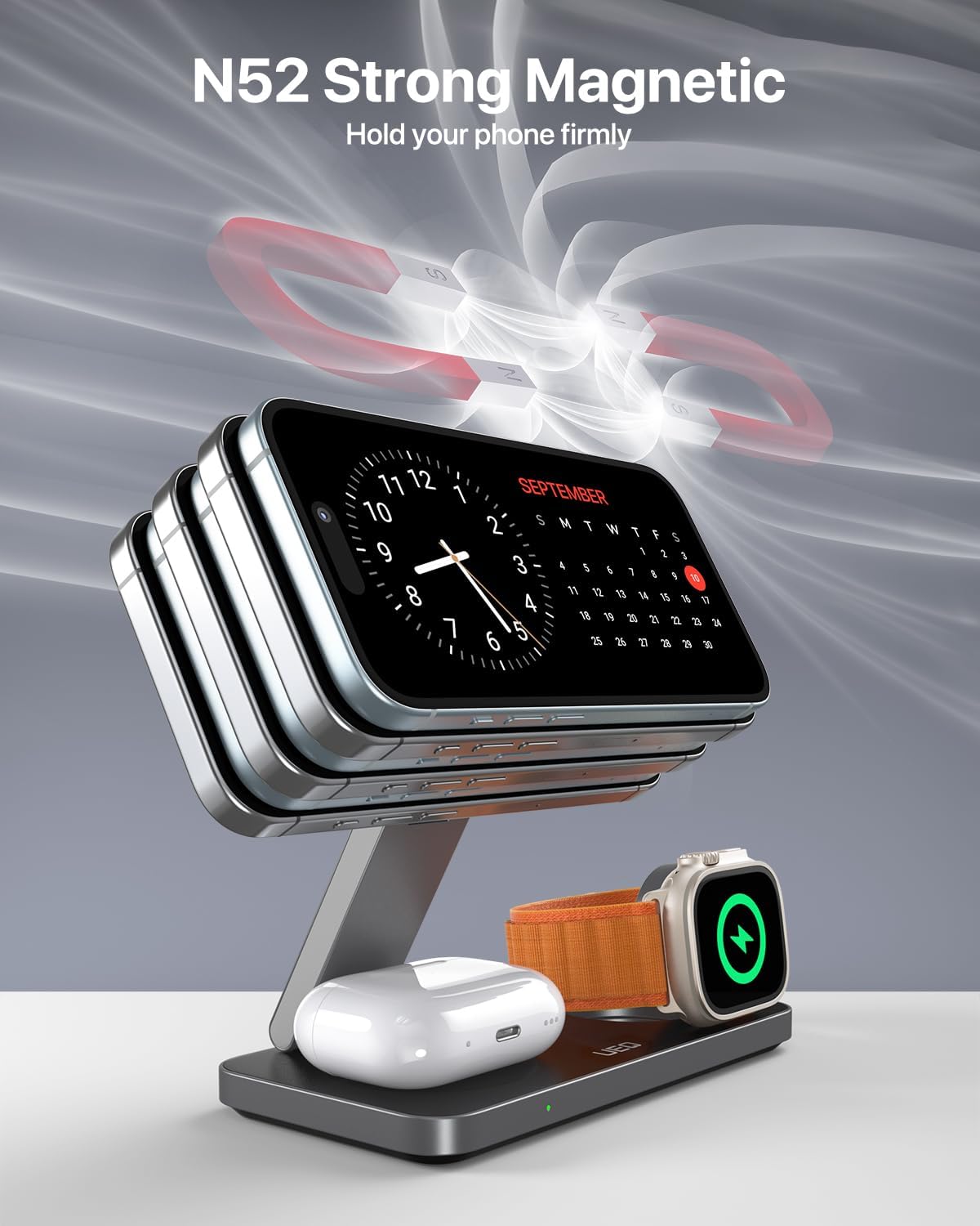 Foldable 3 in 1 Wireless Charging Station for Apple Compatible with Magsafe Charger Stand,Magnetic Wireless Charger Station for iPhone 16 15 14 13 12 Series,Airpods Pro,Apple Watch(Black)