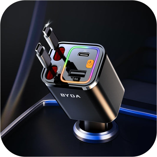 [2025 Mirco-Version] 4 in 1 Retractable Car Charger,69W Car Charger USB C,Cigarette Lighter Adapter,Fast Charging for iPhone 16e/16Pro Max,Galaxy,iPad,Pixel (Dual Cord USB-C) Black