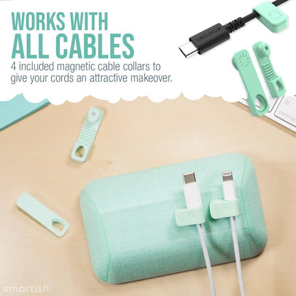 Smartish® Magnetic Cord Holder - Bigger Cable Wrangler Organizer with Magnet Clips for Charger Management on Desktop, Nightstand, or Side Table - Holds 6+ Cables - Teal Me More