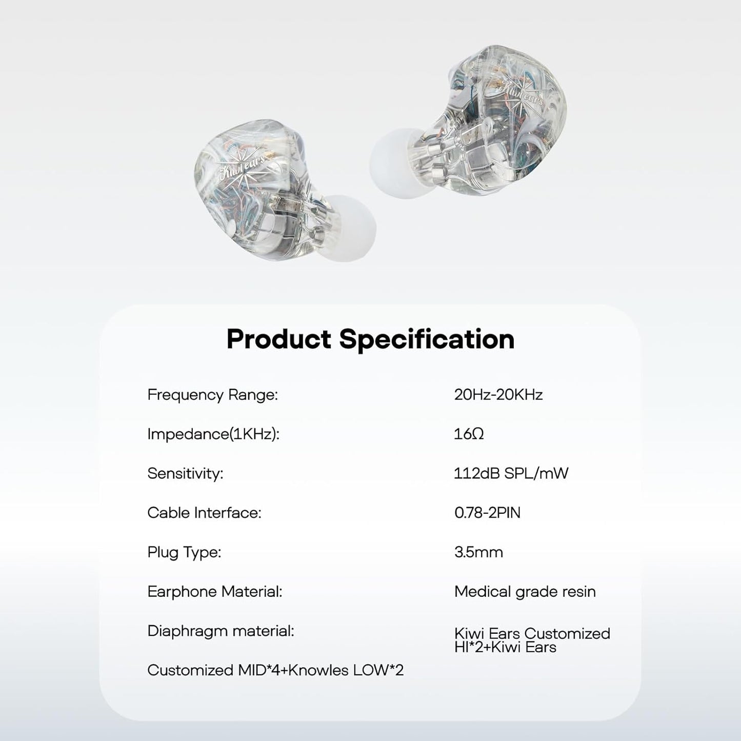 Linsoul Kiwi Ears Orchestra Lite Performance Custom 8BA in-Ear Monitor IEM with Detachable 4-core 7N Oxygen-Free Copper OFC Cable, Handcrafts Faceplate for Audiophile Studio Musician (Clear)