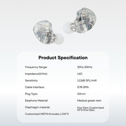 Linsoul Kiwi Ears Orchestra Lite Performance Custom 8BA in-Ear Monitor IEM with Detachable 4-core 7N Oxygen-Free Copper OFC Cable, Handcrafts Faceplate for Audiophile Studio Musician (Clear)