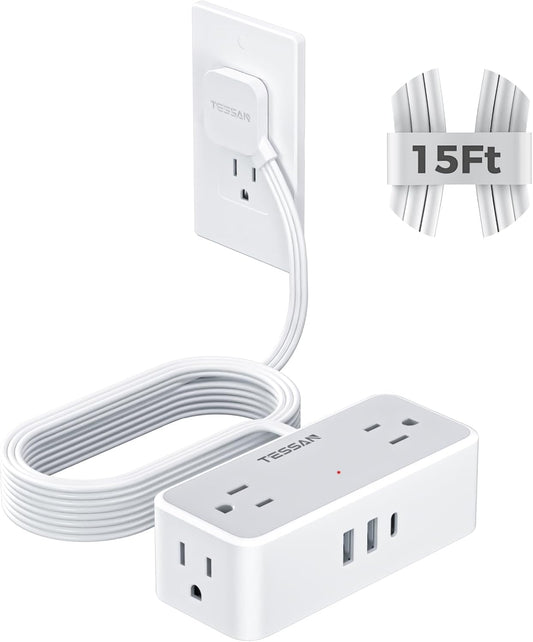 Flat Extension Cord 15 FT, TESSAN Surge Protector Power Strip with 4 AC Outlets 1 USB C and 2 USB A Ports, 900 Joules Protection, Multiple Wall Plug Outlet Extender Suitable for Home Office Dorm