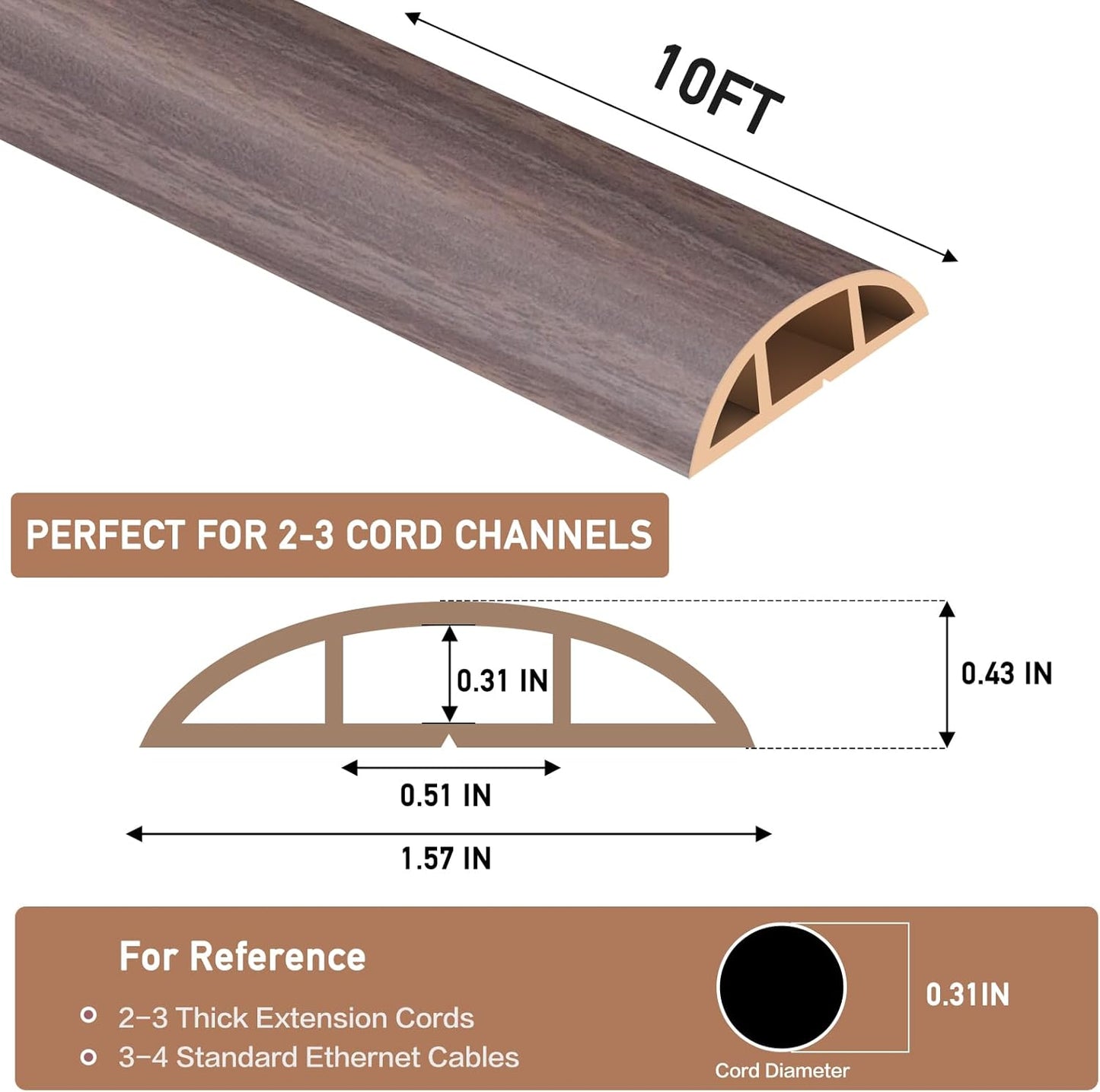 Floor Cord Cover Self Adhesive Cord Hider Floor Extension Cord Covers for Floor Power Cord Protector Cable Management Prevent Cable Trips Cable Cavity 0.51" W x 0.31" H (Brown Walnut Wood, 10Ft)