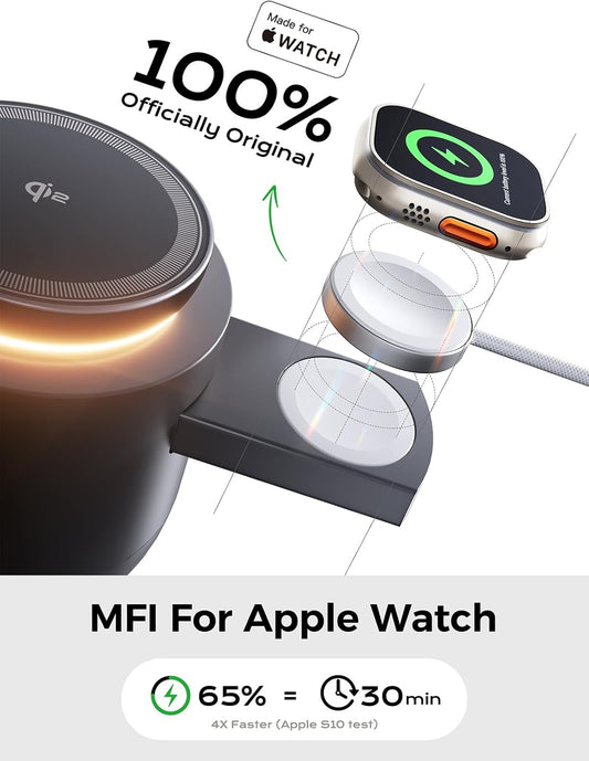 MFI Certified by Apple, 4 in 1 Magsafe Wireless Charging Station, Qi2 15W Magsafe Charger for iPhone 17/16/15/14/13/12 Series, iWatch, Airpods, iPad, 65W Charger Included (Black, 3 in 1)