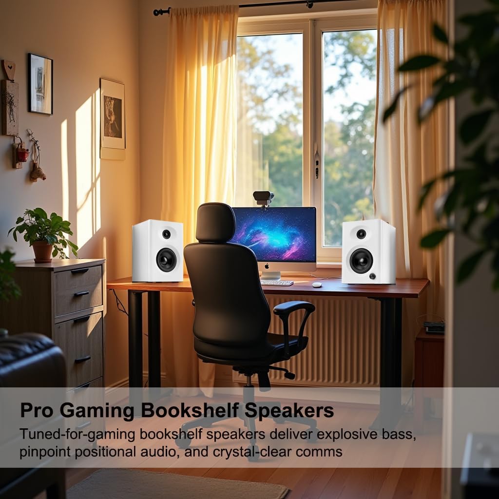 Computer Speakers for Desktop PC, 60W Powerful Sound with Deep Bass & Clear Treble – Compact Active Bookshelf Speakers for Home Office, Laptop, Music, Monitor (White, Pair)