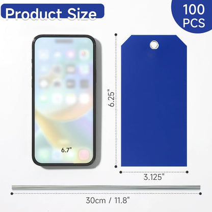 100 Pieces Plastic Shipping Tags with Wires Blank Labeling Tags Waterproof Hang Tags with Reinforcement Hole Durable Wire Tags Labels Stacking Tags for Equipment Parts (Dark Blue, 6 1/4" x 3 1/8")