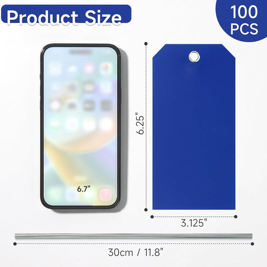 100 Pieces Plastic Shipping Tags with Wires Blank Labeling Tags Waterproof Hang Tags with Reinforcement Hole Durable Wire Tags Labels Stacking Tags for Equipment Parts (Dark Blue, 6 1/4" x 3 1/8")