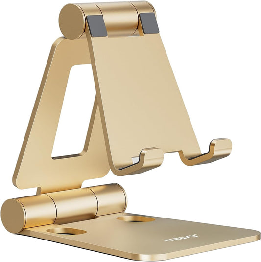 Nulaxy Dual Folding Cell Phone Stand, Fully Adjustable Foldable Desktop Phone Holder Cradle Dock Compatible with iPhone 17 16 15 14 13 12 11 Pro Xs Xs Max Xr X 8, Nintendo Switch, All Phones - Gold