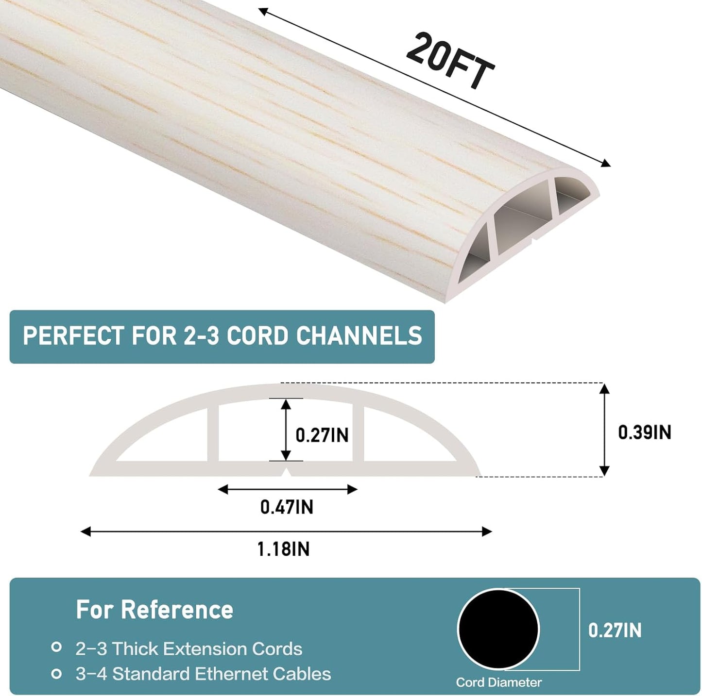 Floor Cord Cover Self Adhesive Cord Hider Floor Extension Cord Covers for Floor Power Cord Protector Cable Management Prevent Cable Trips Cable Cavity 0.47" W x 0.27" H (Beige Wood, 20Ft)