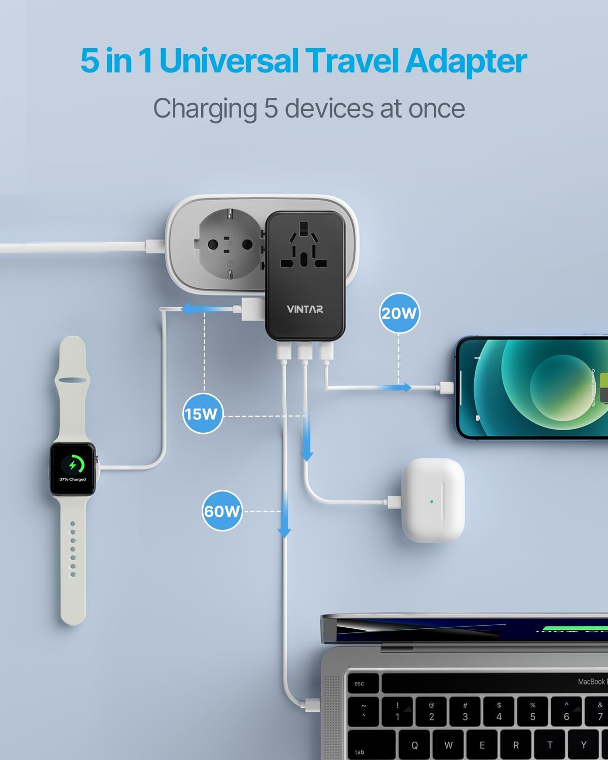 Universal Travel Adapter, VINTAR 100W GaN International Power Adapter with 3 USB C PD and 1 USB A QC, All in One Plug Adapter, Travel Adapter Worldwide for EU/UK/USA/AUS(Type C/G/A/I)