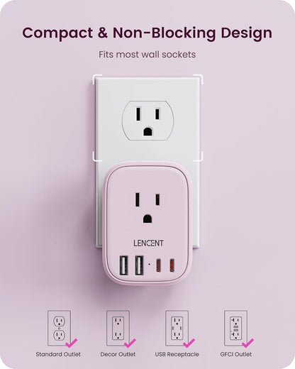 LENCENT Multi Plug Outlet Extender with USB C, 4 AC Electrical Outlet Expander with 4 USB Charger Cube, Small Multiple Wall Tap Plug Splitter for Home Office Travel Cruise Dorm Essentials- Pink