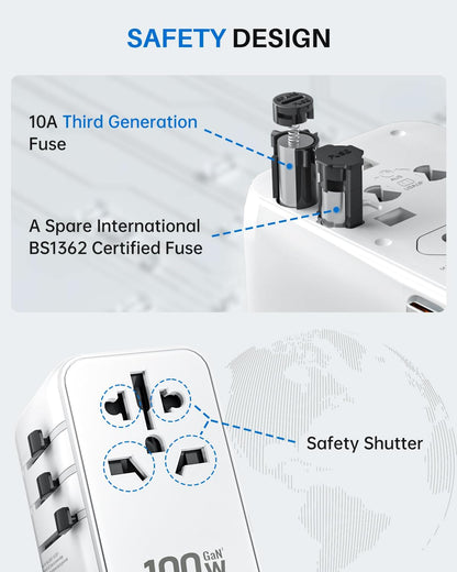DOACE Universal Travel Adapter, 100W GaN 3.0 International Power Adapter with Built-in USB-C Cable, 6 in 1 Travel Adapter with 5 USB Ports, Plug Adapter Worldwide for EU/UK/USA/AUS(White)