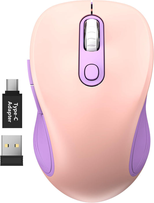 WisFox 2.4G Wireless Mouse for Laptop, Ergonomic Computer Mouse with USB Receiver and Type-C Adapter, 3 Adjustable Levels DPI, 6 Button Cordless Wireless Mice (Purple and Pink)