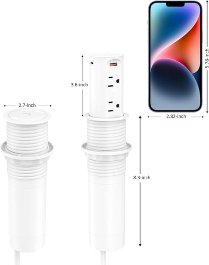 Pop up Outlet for Countertop,65W USB C Fast Charging Port,2.5-inch Hole Desktop Power Grommet,Recessed Power Strip,4 Outlets 4 USB Ports,15Amp Tamper Resistant Receptacle,ETL Listed (White)