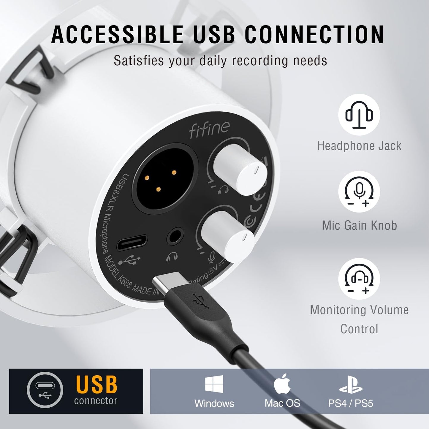 FIFINE Studio XLR Dynamic Microphone, USB PC Podcast Microphone for Streaming Recording, XLR/USB Vocal Mic with Tap-to-Mute, Gain Knob, Headphones Monitoring-Amplitank K688 White