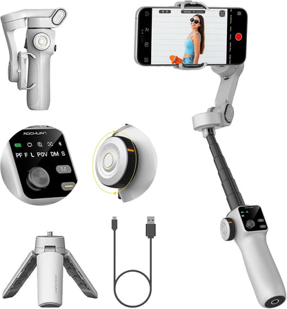 Gimbal Stabilizer for iPhone & Android, 3-Axis Phone Gimbal with OLED Screen, 7.8" Extendable Rod, Face & Gesture Tracking, Ideal for Vlogging, Travel & Video Recording-Smart V8 White