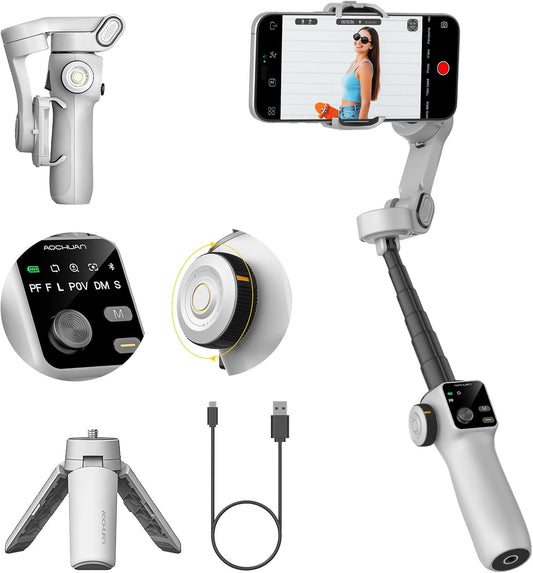 Gimbal Stabilizer for iPhone & Android, 3-Axis Phone Gimbal with OLED Screen, 7.8" Extendable Rod, Face & Gesture Tracking, Ideal for Vlogging, Travel & Video Recording-Smart V8 White