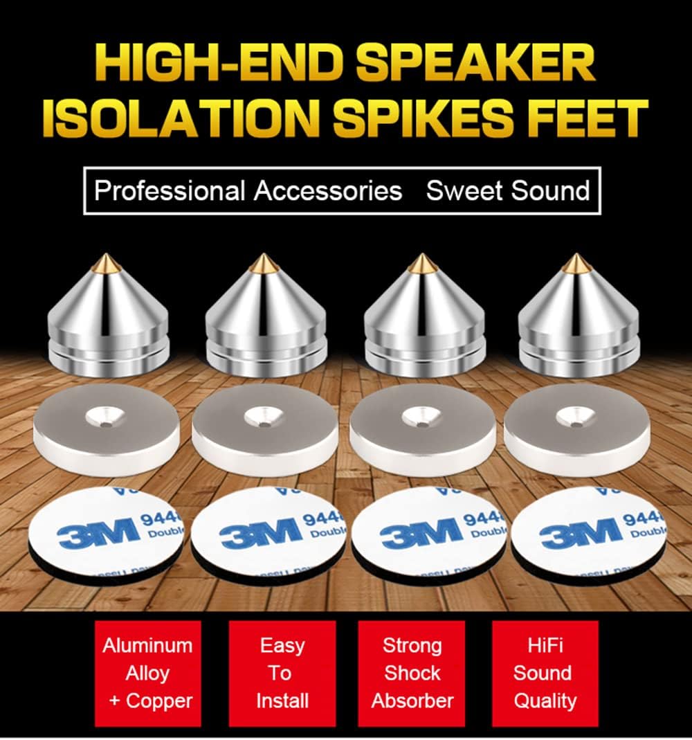 4Pcs Speaker Spikes Floor Protectors Shockproof Speaker Isolation Spikes with Base Pad for Speaker,Subwoofer,Amplifier,Turntable,Recorder CD DAC with 3m Adhesive (Silver)