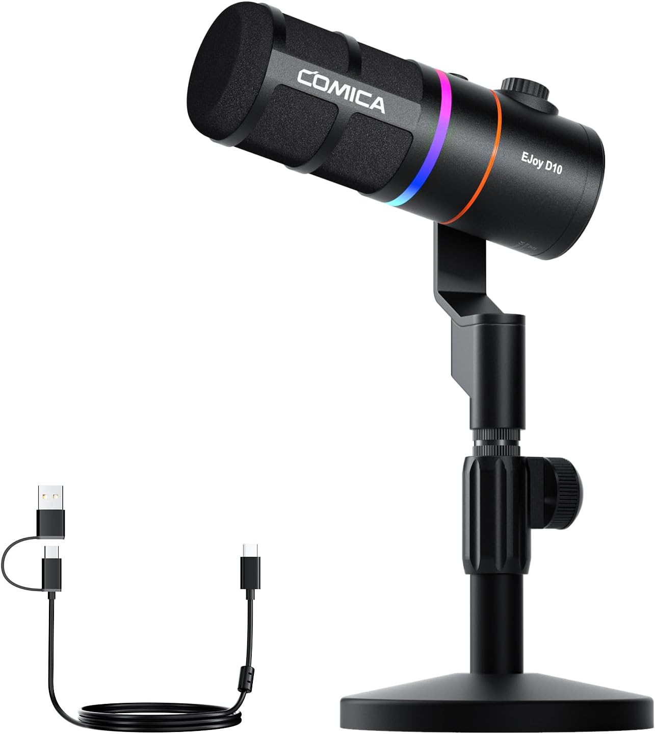 COMICA EJoy D10(D) USB Gaming Microphone – RGB Dynamic Mic with Noise Cancellation, XLR/USB-C, Real-Time Monitoring, Muting, Professional Studio Mic for Gaming, Streaming, Podcast, Recording (Black)