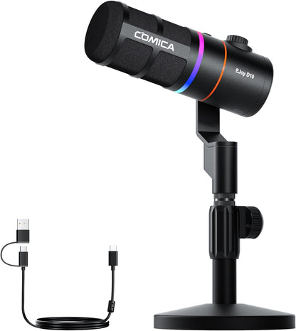 COMICA EJoy D10(D) USB Gaming Microphone – RGB Dynamic Mic with Noise Cancellation, XLR/USB-C, Real-Time Monitoring, Muting, Professional Studio Mic for Gaming, Streaming, Podcast, Recording (Black)